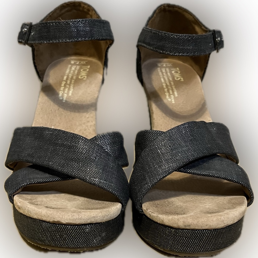 TOMS Sienna Wedge Black Metallic Denim Sandal size 7.5W - Picture 7 of 14